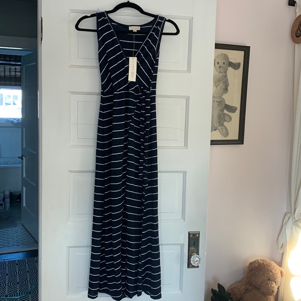 NEW Navy Blue White Striped Faux Wrapped Ribbed Knit Lightweight Dress Sz S